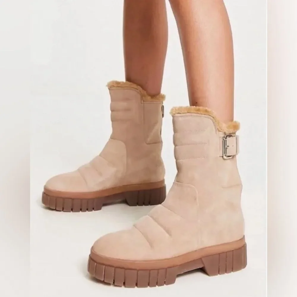 Free People Fable Faux Fur Chunky Boots 38 (7.5-8) Tan Suede Lug Sole Ankle Boho
